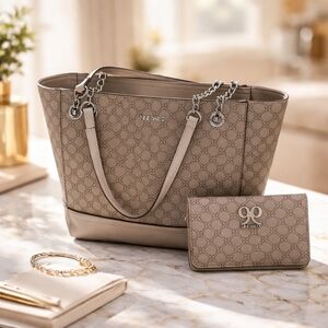 Nine West Beige and Cream Tote Bag With Wallet